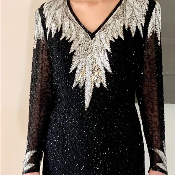 Oleg Cassini  BLACK TIE  Formal SILK Gown Occasion Event Evening Sequined - Picture 10 of 16